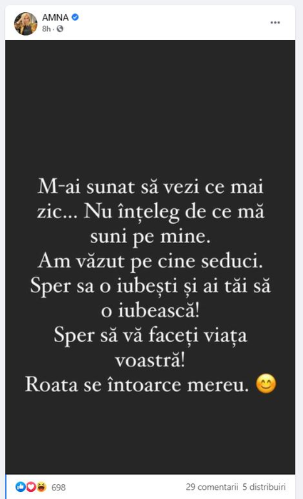 Amna, mesaj fulminant pentru fostul: “Am văzut pe cine seduci. Sper ca și ai tăi să o iubească”. Motivul care a scos-o din minți