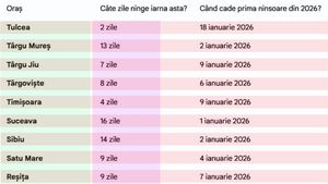 Meteo 2026 | Câte zile ninge în orașul tău, în ianuarie și februarie, potrivit meteorologilor ANM și Accueweather