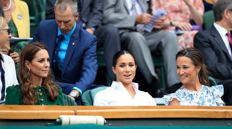 The Duchess of Cambridge and The Duchess of Sussex with Pippa Matthews on day twelve of the Wimbledon Championships at the All England Lawn Tennis and Croquet Club, Wimbledon., Image: 458165722, License: Rights-managed, Restrictions: Editorial use only. No commercial use without prior written consent of the AELTC. Still image use only - no moving images to emulate broadcast. No superimposing or removal of sponsor/ad logos, Model Release: no, Credit line: Profimedia, Press Association