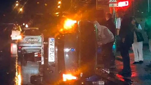 Grav accident în București. O mașină s-a răsturnat, azi-noapte, pe Șoseaua Fundeni