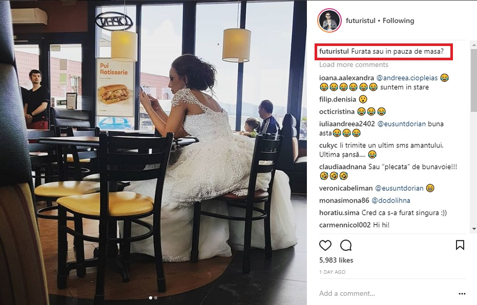 Răzvan Simion a pozat o mireasă singură într-un fast food, iar imaginile au devenit virale. La câteva ore, tânăra l-a sunat pe prezentator: “Dintr-odată, nu mai eram eu ciudatul”