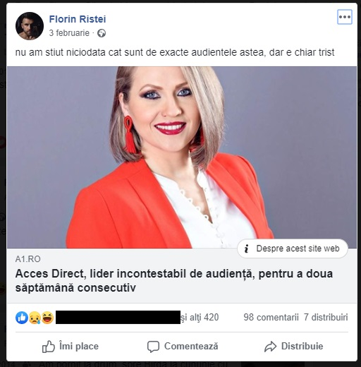 Florin Ristei comentează audiențele obținute de "Acces Direct" cu Vulpița