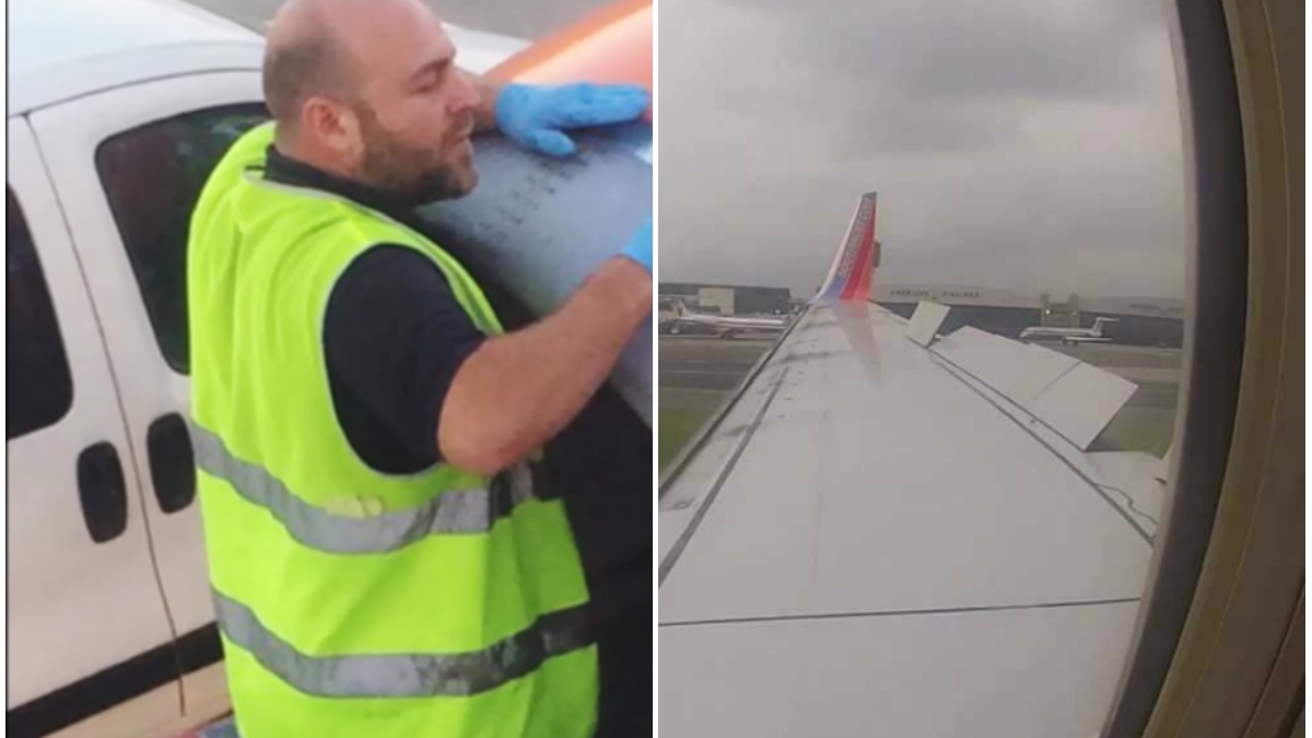 A filmat un moment şocant, chiar înainte ca avionul să decoleze! Ce făcea de fapt un tehnician care fusese chemat să repare motorul