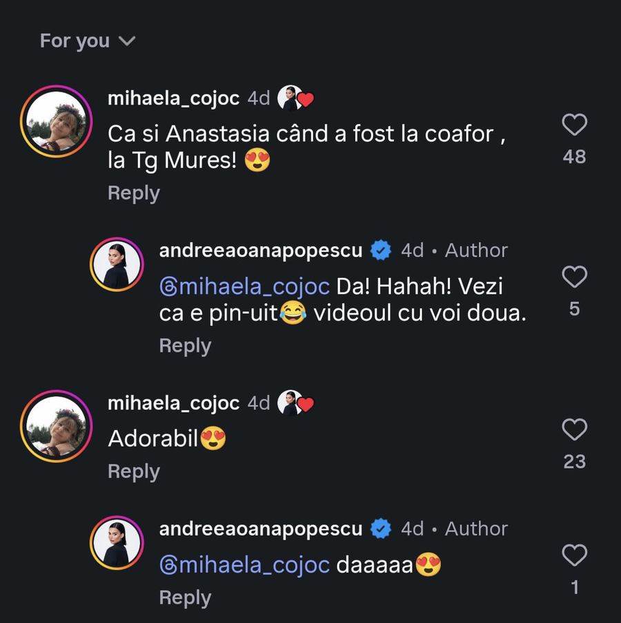 Andreea Popescu și fosta soacră interacțiune pe Instagram/ sursă foto: Instagram