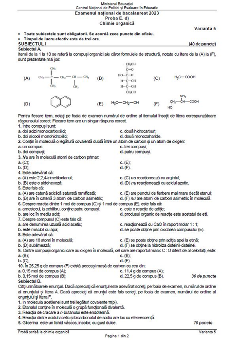 Subiectele la Chimie Organică (Part I)