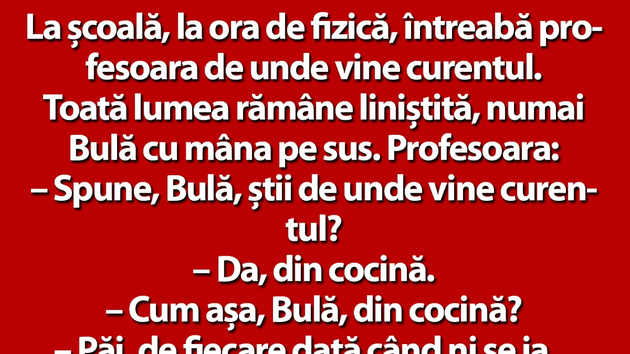 BANC | La școală, la ora de fizică, întreabă profesoara de unde vine curentul. Din cocină, răspunde Bulă