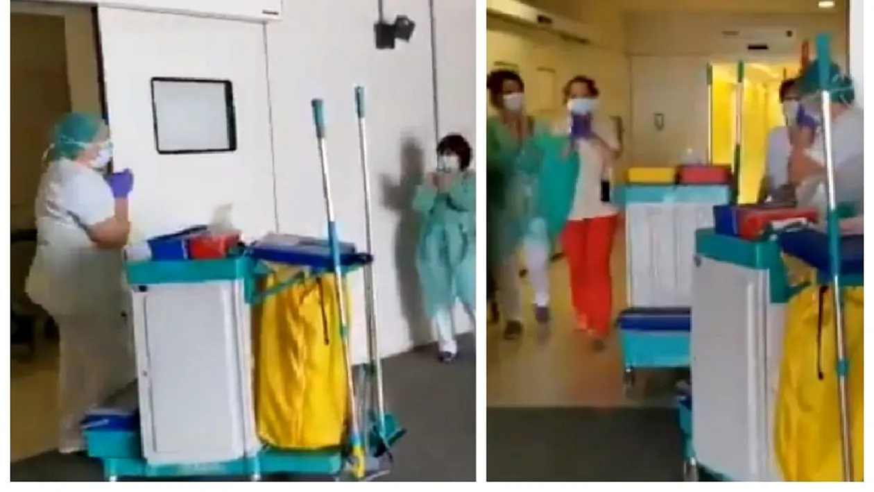 VIDEO. Imagini emoționante! Femeile de serviciu din spitale au fost aplaudate minute în șir de cadrele medicale