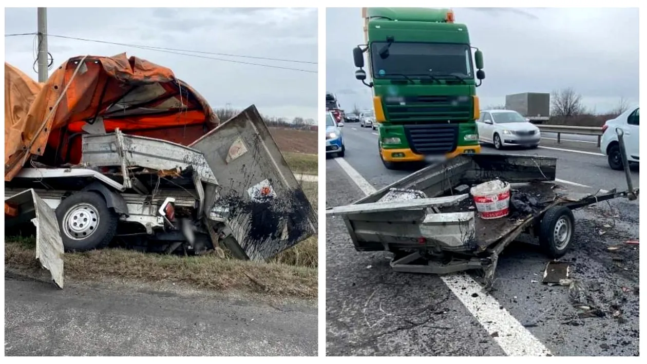 Accident grav pe A1. Un tir și o autoutilitară s-au ciocnit. Șoferii și pasagerii au scăpat ca prin minune