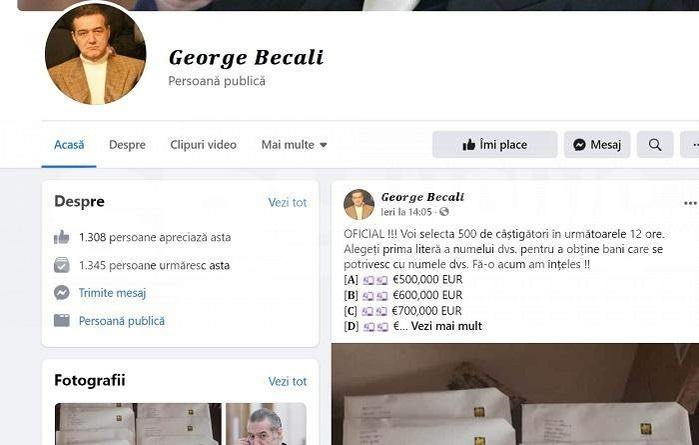 Escrocherie pe Facebook! Ce s-a întamplat după ce un bărbat s-a dat drept Gigi Becali și a promis premii de sute de mii de euro