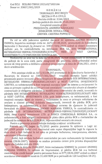 Decizia de apel, contra sentinței date de judecătoarea cu conturi la BCR