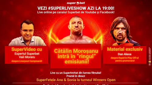 Cătălin Moroșanu și Codin Maticiuc sunt vedetele SuperLive Show-ului de azi. Vino online de la ora 19:00 și urmărește o SuperEmisiune sportivă marca Superbet