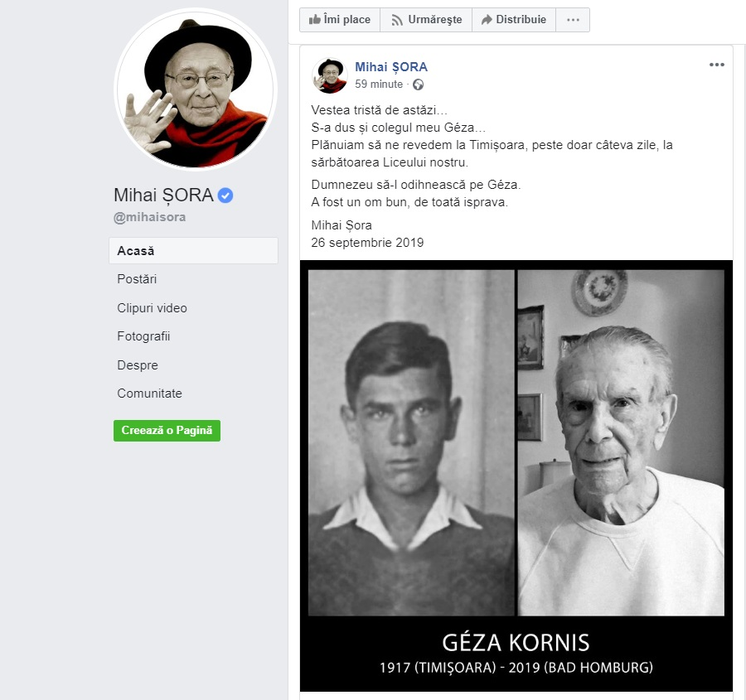 Géza Kornis a murit la 102 ani. El a fostt coleg de bancă și prieten apropiat cu filozoful Mihai Șora © Facebook