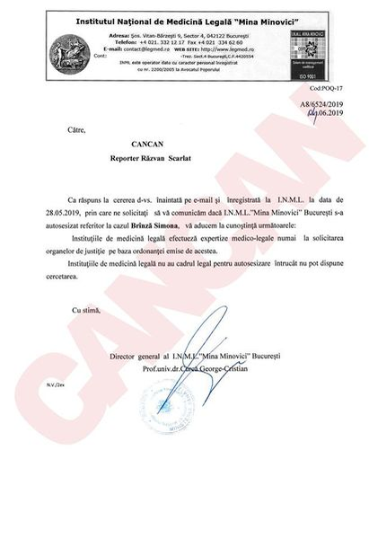 Răspunsul primit de CANCAN.RO din partea INML