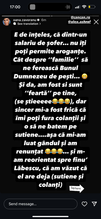 Oana Zăvoranu îl ”pulverizează” pe Alex Bodi cu un mesaj halucinant! ”Mi-a fost teamă că îmi poți fura colanții!”