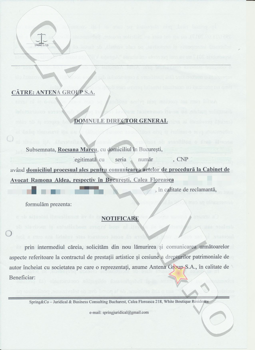 O parte dintre notificările înaintate de avocatul Rocsanei Marcu în vederea dezvăluirii motivelor care au dus scoaterea ei de la cârma emisiunii ”Agenţia VIP”