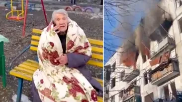 Imaginile durerii! Un bătrân din Ucraina, rănit de bomardamente, zace pe bancă, în fața blocului ciuruit de explozibili