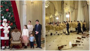 Party de Crăciun la Palatul Cotroceni: Nicușor Dan și Mirabela Grădinaru au primit colindători și cadouri, iar președintele s-a pozat imediat cu ele