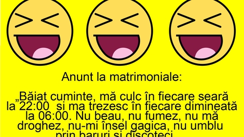 BANC | Anunț la matrimoniale: "Băiat cuminte, mă culc în fiecare seară la 22:00 și mă trezesc în fiecare dimineță la 6:00"