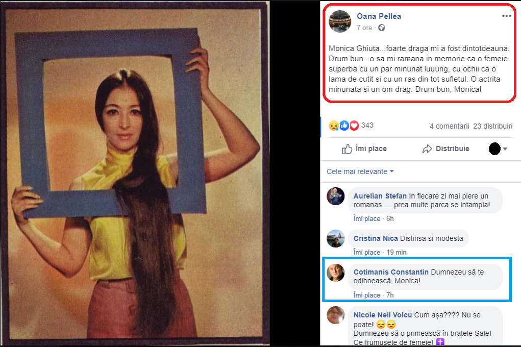 Monica Ghiuţă a murit la 79 de ani. Îndrăgita actriță a fost deja înmormântată în cadrul unei ceremonii restrânse