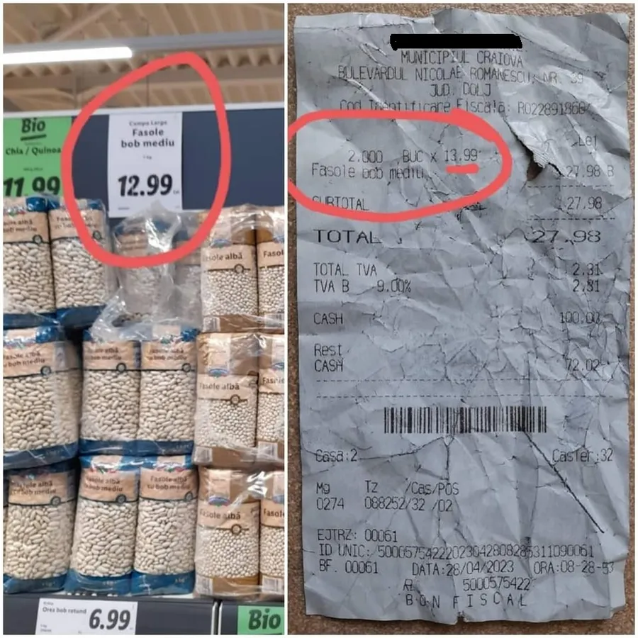 Un preț la raft, altul pe bon/ Foto: Facebook