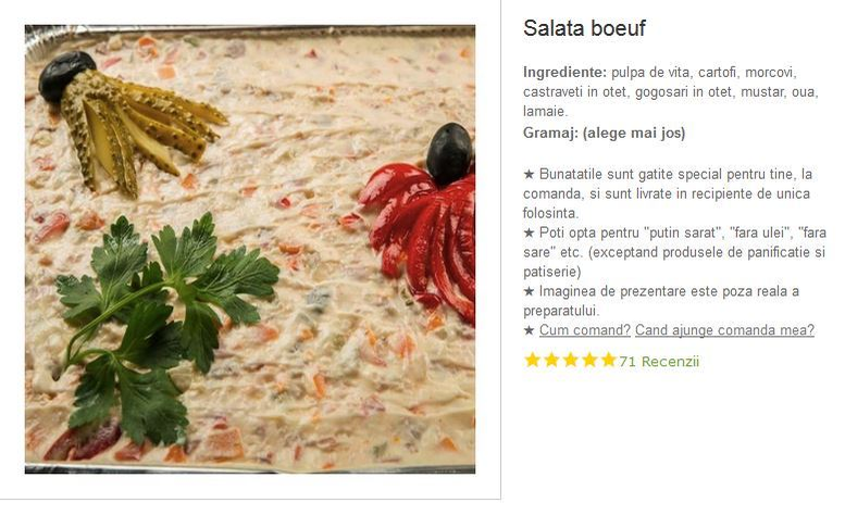 Un kilogram de salată boeuf se vinde cu aproape 50 de lei, pe internet