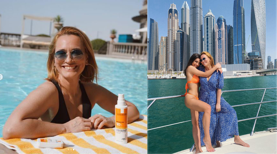 Andreea Esca, într-o piscină de lux din Dubai. Într-o altă zi, ea și Alexia Eram s-au plimbat cu yachtul © Instagram & Facebook
