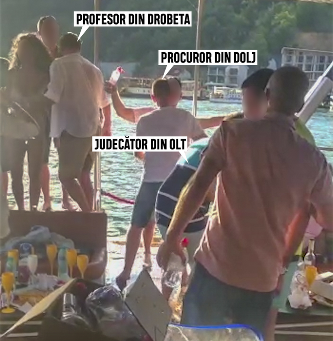 Procurori, judecători și șefi de Poliție de la Dolj și Olt, filmați la un party cu animatoare pe un ponton de lux de pe Dunăre