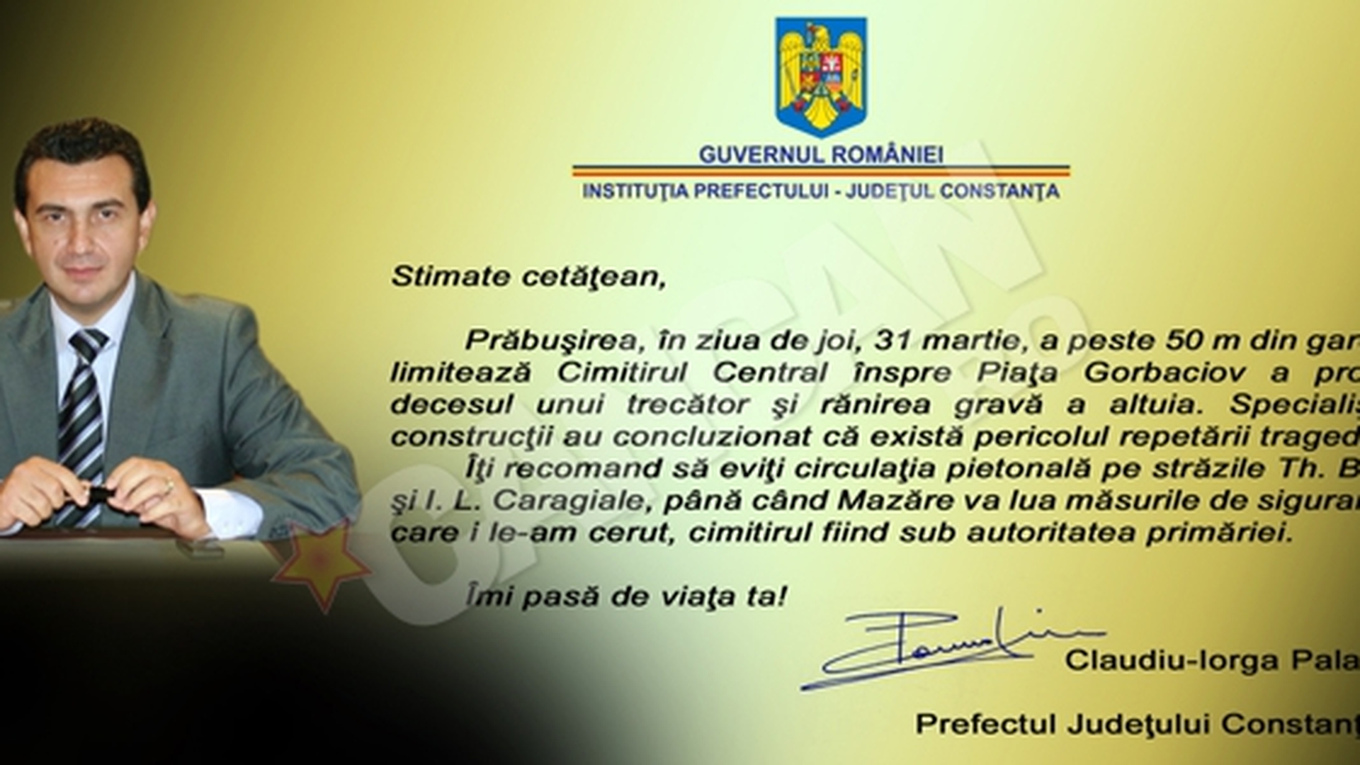Prefetul Constantei a impartit flyere cu atentionari legate de cimitirul central, cu poza lui pe spate!