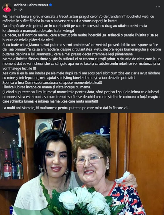 Adriana Bahmuțeanu, mesaj de ziua de naștere a mamei sale. Sursa foto: Facebook
