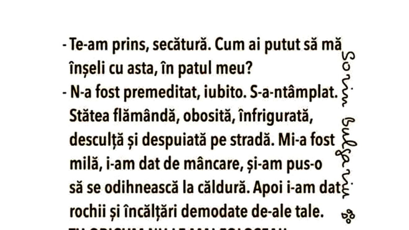 BANC | "Te-am prins, secătură! Cum ai putut să mă înșeli cu asta, în patul meu?