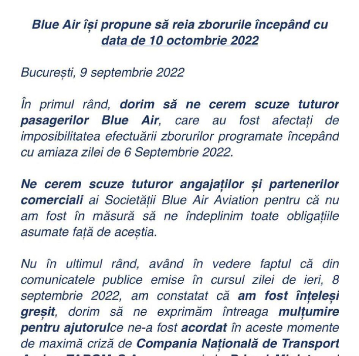Anunțul făcut de compania Blue Air. Când se vor relua, de fapt, zborurile