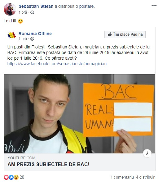 Sebastian susține că a ghicit subiectele la Bac cu puterea minții