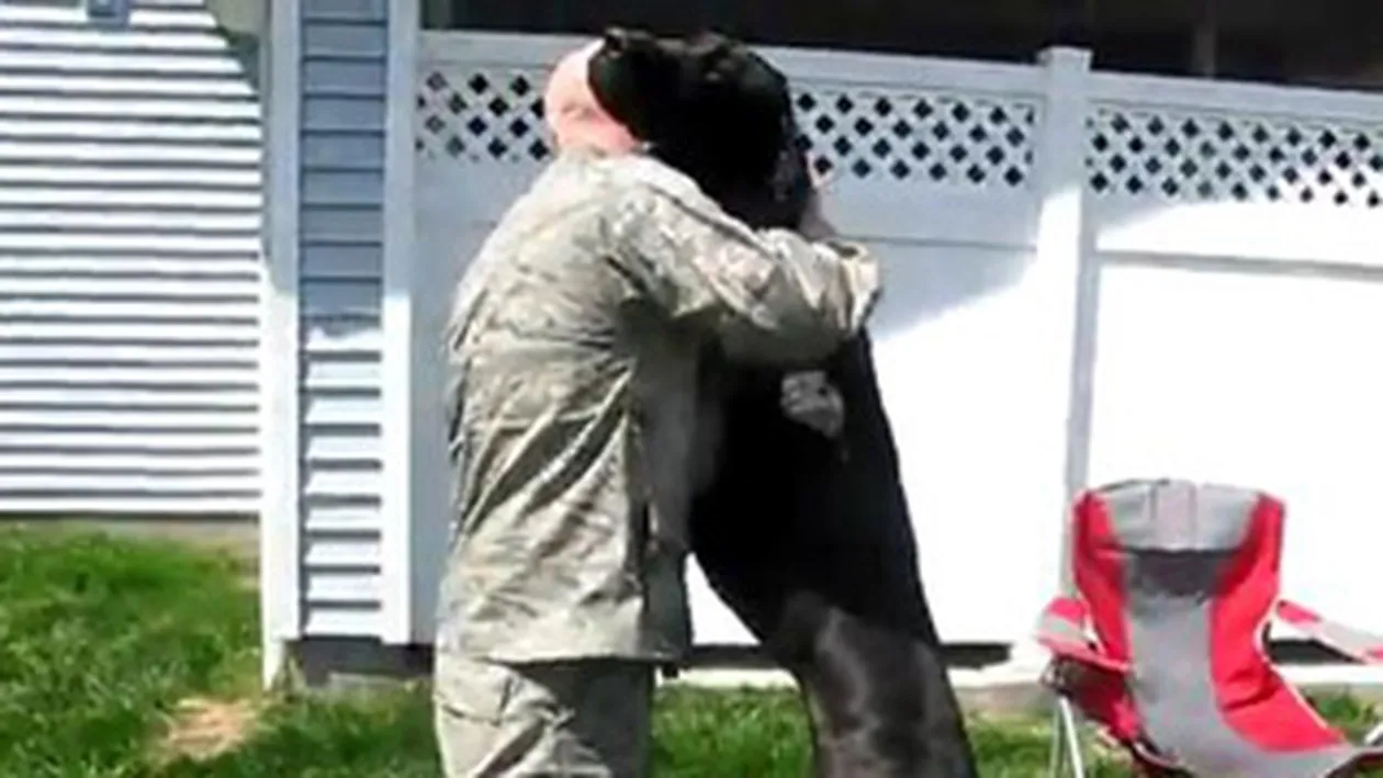 Video supertare! Uite cum se joaca un soldat cu cainele lui mai mare decat un vitel, dupa 9 luni in care nu si-a vazut prietenul!