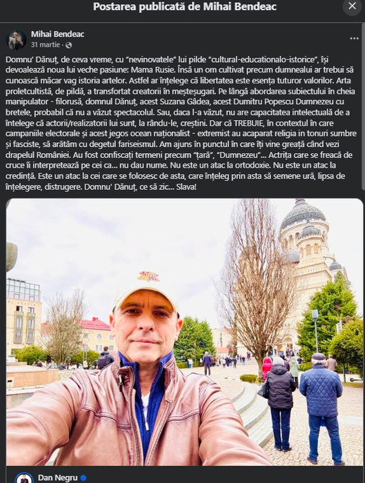 Mesaj postat de Mihai Bendeac pe Facebook. Sursa foto: captură ecran
