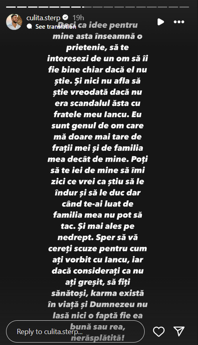 Postarea făcută de Culiță Sterp pe Instagram
