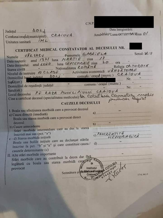 Certificatul de deces indică o pancreatită hemoragică drept cauză a decesului