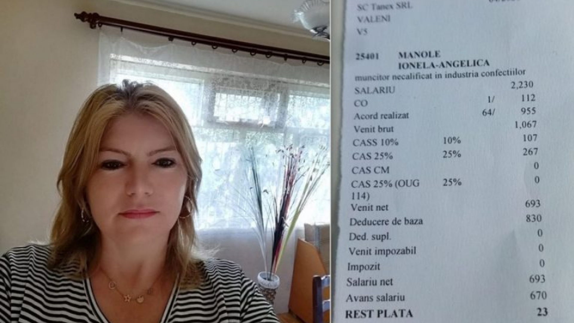 Femeia care a publicat ”fluturașul” de salariu cu 23 lei a câștigat în istanță procesul cu firma de confecții