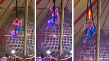 Momentul în care o acrobată cade în gol, după ce coarda de susţinere s-a rupt. Au urmat scene traumatizante la spectacolul de circ în Hunedoara | VIDEO