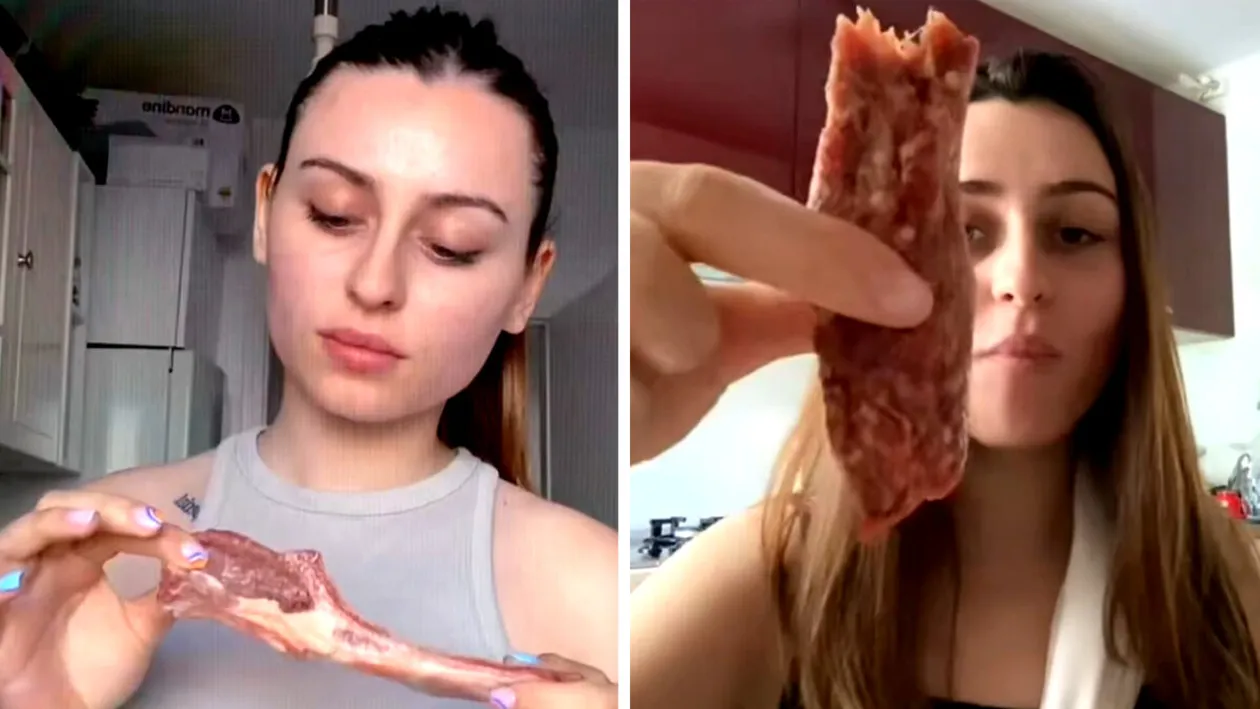La ce pericole grave se supune Sabina, TikTok-erița din România care se filmează mâncând carne crudă de pui, vită și porc