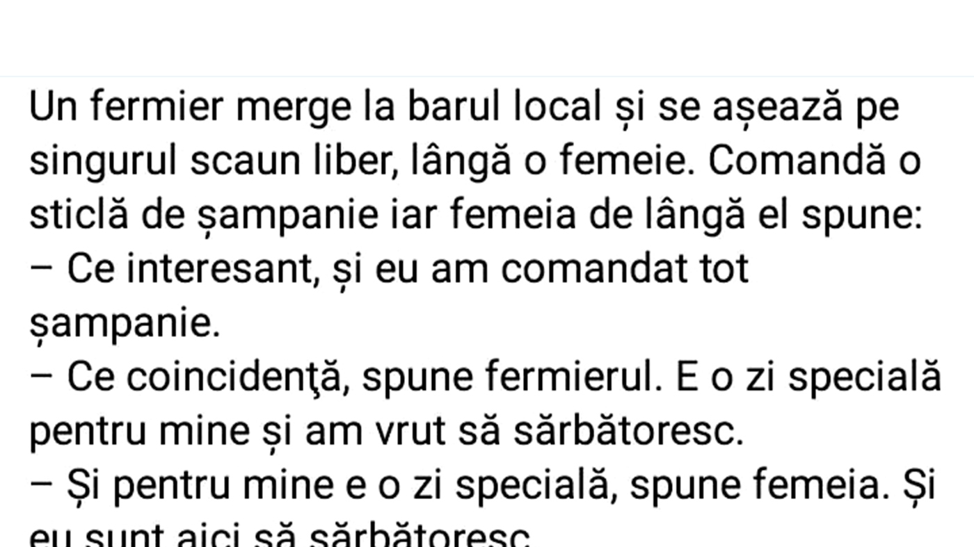 BANCUL ZILEI | Un fermier merge la barul local și se așează lângă o femeie