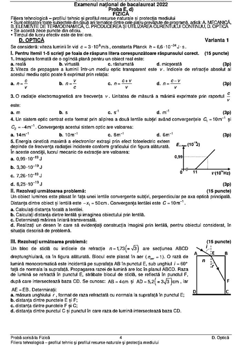 Bacalaureat 2022 | Subiectele și baremul la fizică, proba la alegere de la BAC