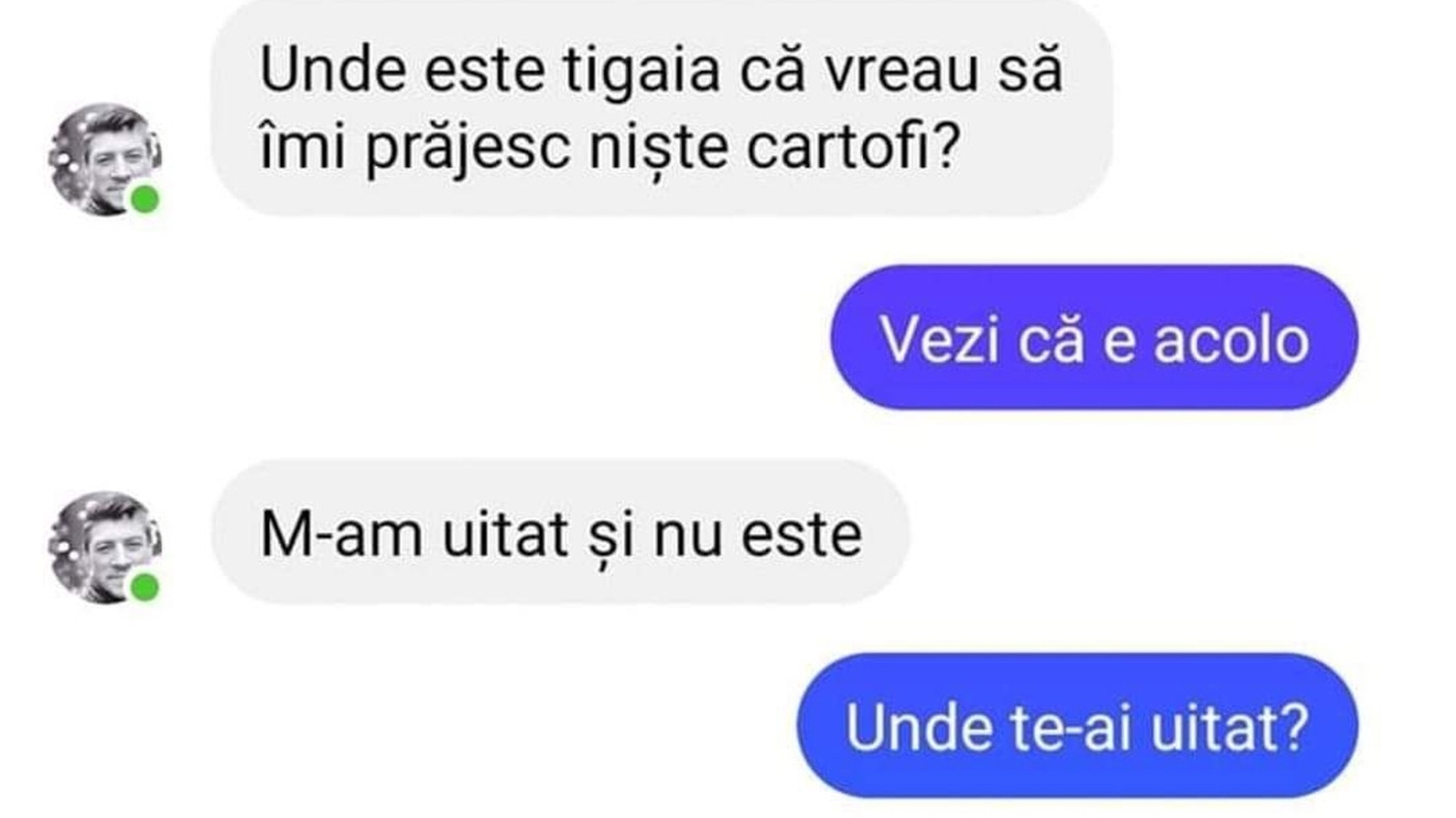 Bancul de weekend | "Unde este tigaia, că vreau să îmi prăjesc niște cartofi?"
