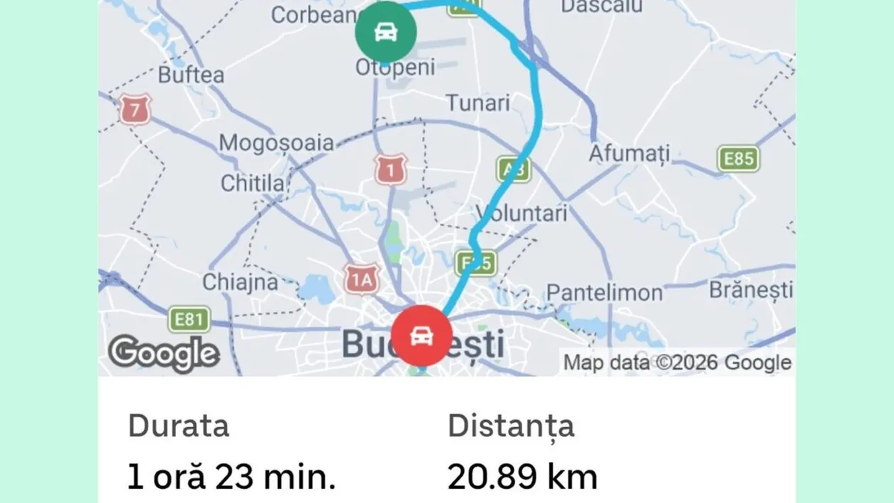 Câți lei a plătit un client Uber, pentru o cursă de 1 oră și 23 de minute, din București la aeroportul Otopeni