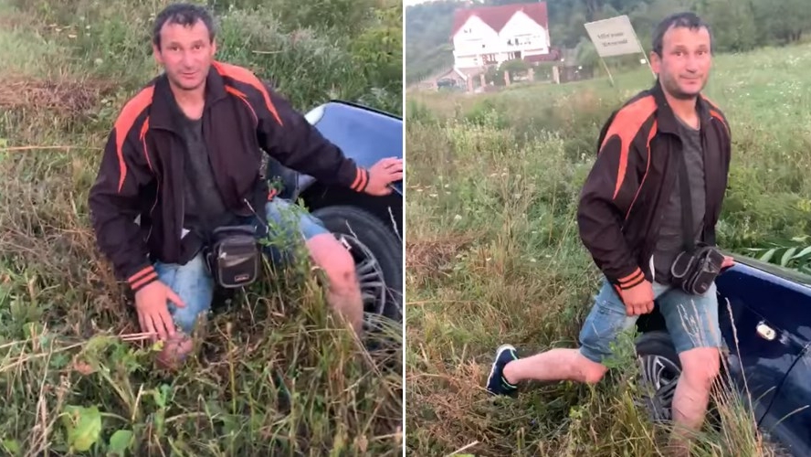 Imagini fabuloase! Cum a răspuns acest șofer beat mangă din Reșița, ajuns cu mașina în șanț, la întrebarea: "Ați băut?!"