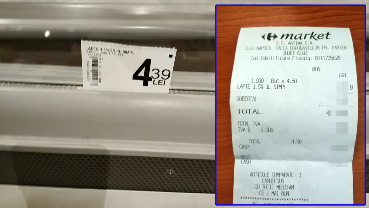 În Carrrefour, prețurile cresc de la raft până la casa de marcat! Ce țeapă a luat un clujean care a vrut să cumpere o cutie de lapte cu 4.39 lei