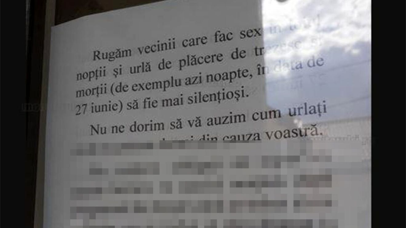 Ce afiș au lipit locatarii unui bloc din Cluj-Napoca, la intrarea în casa scării: "Rugăm vecinii care urlă de plăcere să.."