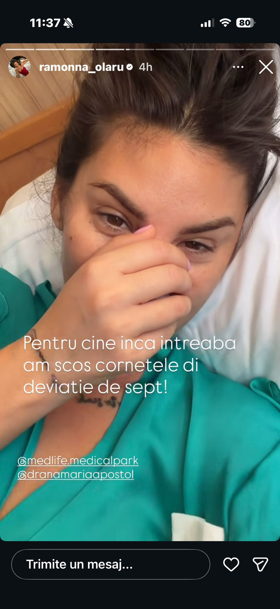 Ramona Olaru, pe patul de spital/Foto: Instagram