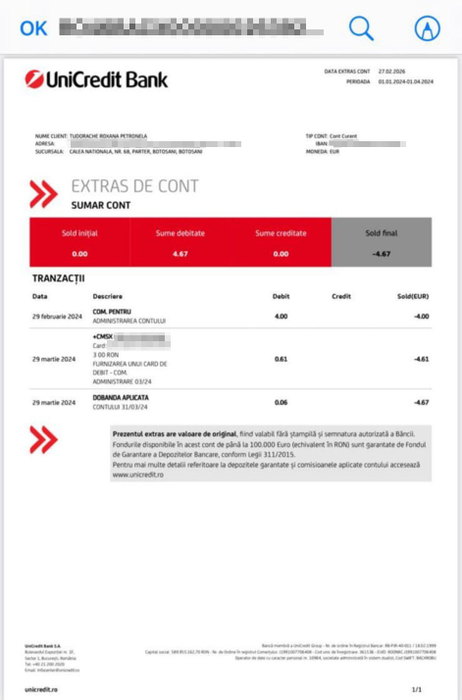 Dovada falsificată a transferului bancar pentru Roxana