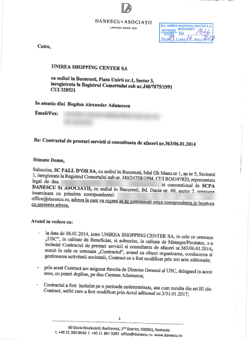 Notificarea PALL D'OR SA către Unirea Shopping Center