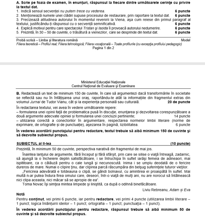 Ce pică la BAC 1 iulie 2019. Subiecte la Limba şi literatura română, EDU.RO